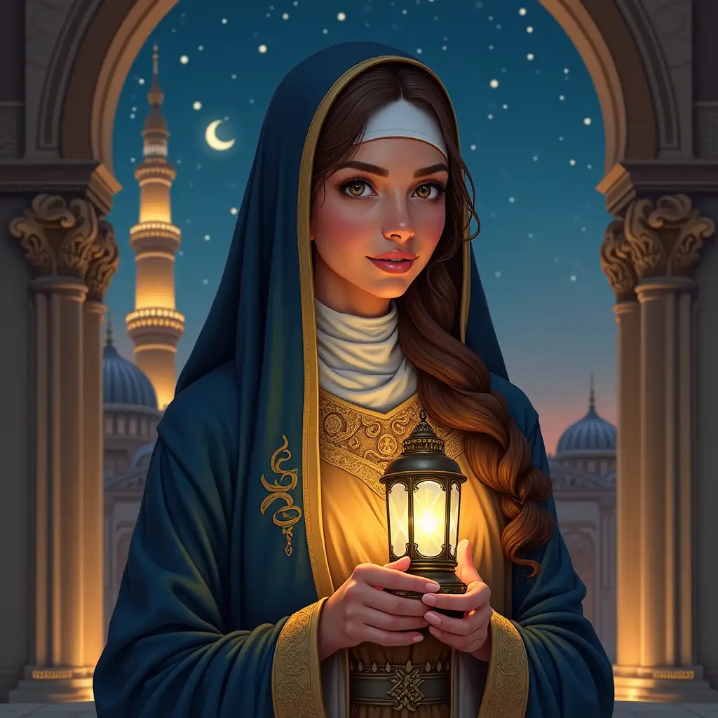Fantasy-Arabic-Nun-Holding-a-Lantern-Under-a-Starry-Sky