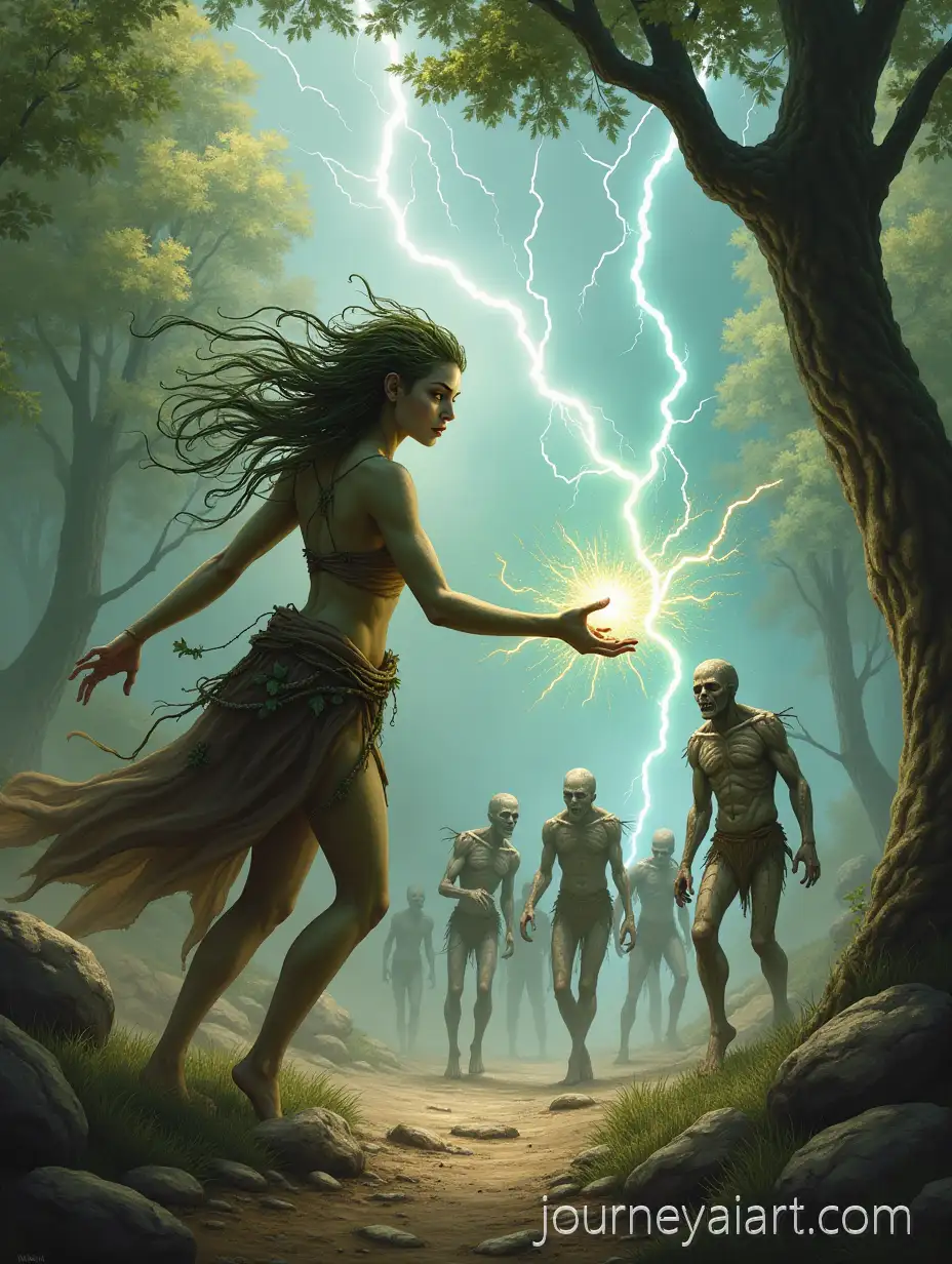Beautiful-Feminine-Dryad-Casting-Storm-Magic-on-Undead-Zombies-in-Wildlands-Fantasy-Scene