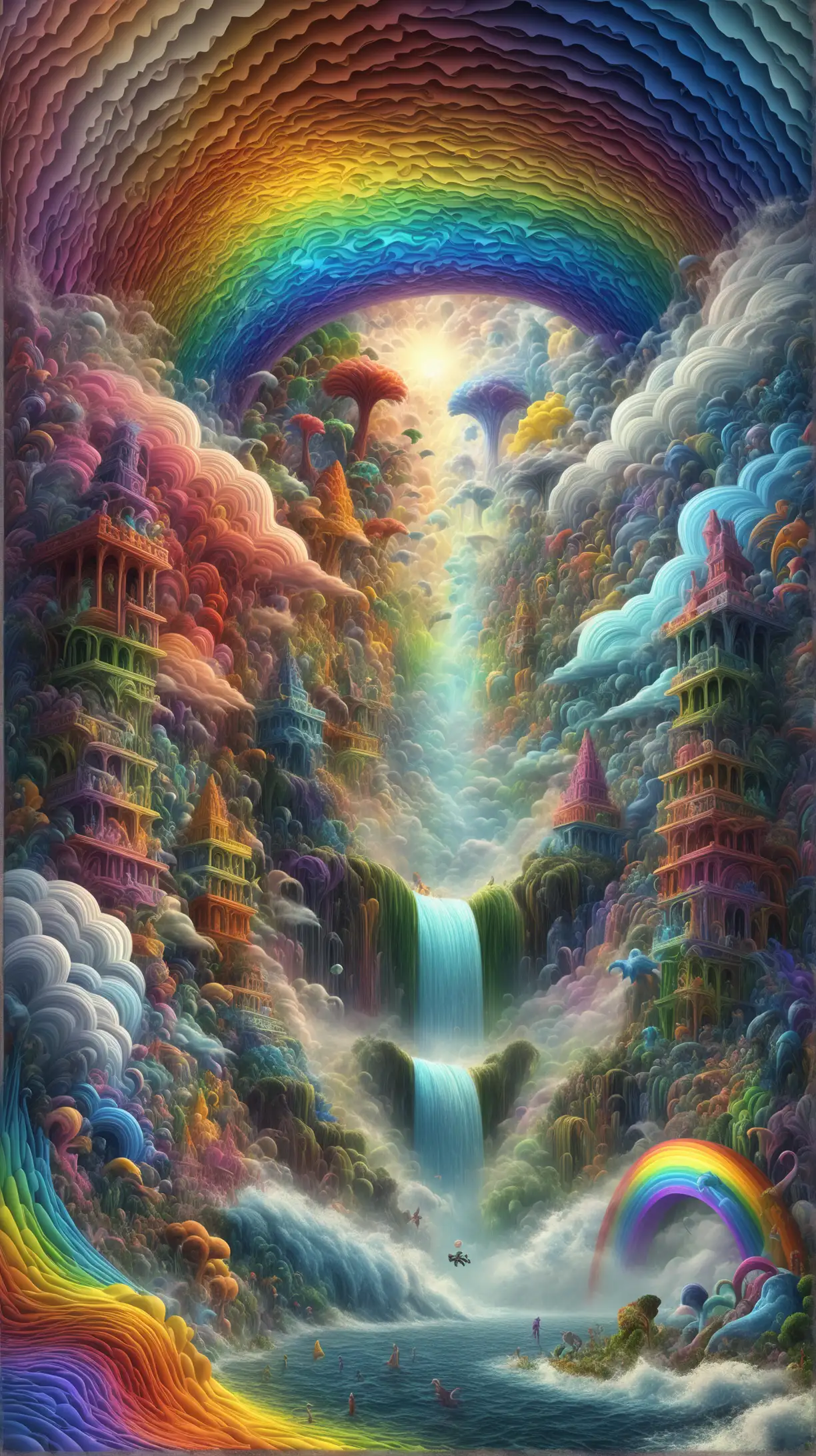 Fantasy Surrealism Dreamlike Jungle with Tidal Waves and Rainbow