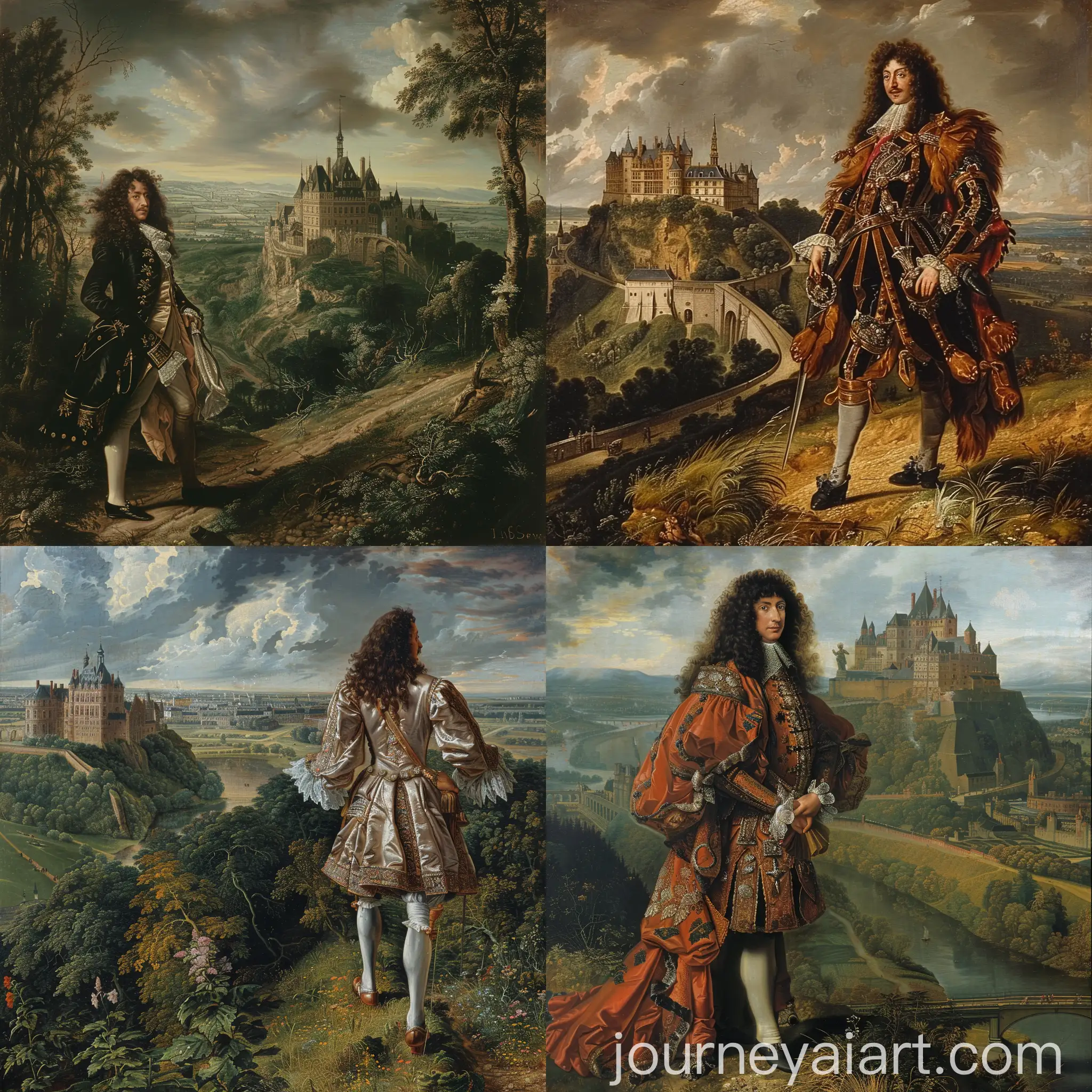 Louis-XIV-Fleeing-Cities-on-Grassy-Road-with-Castle-Background