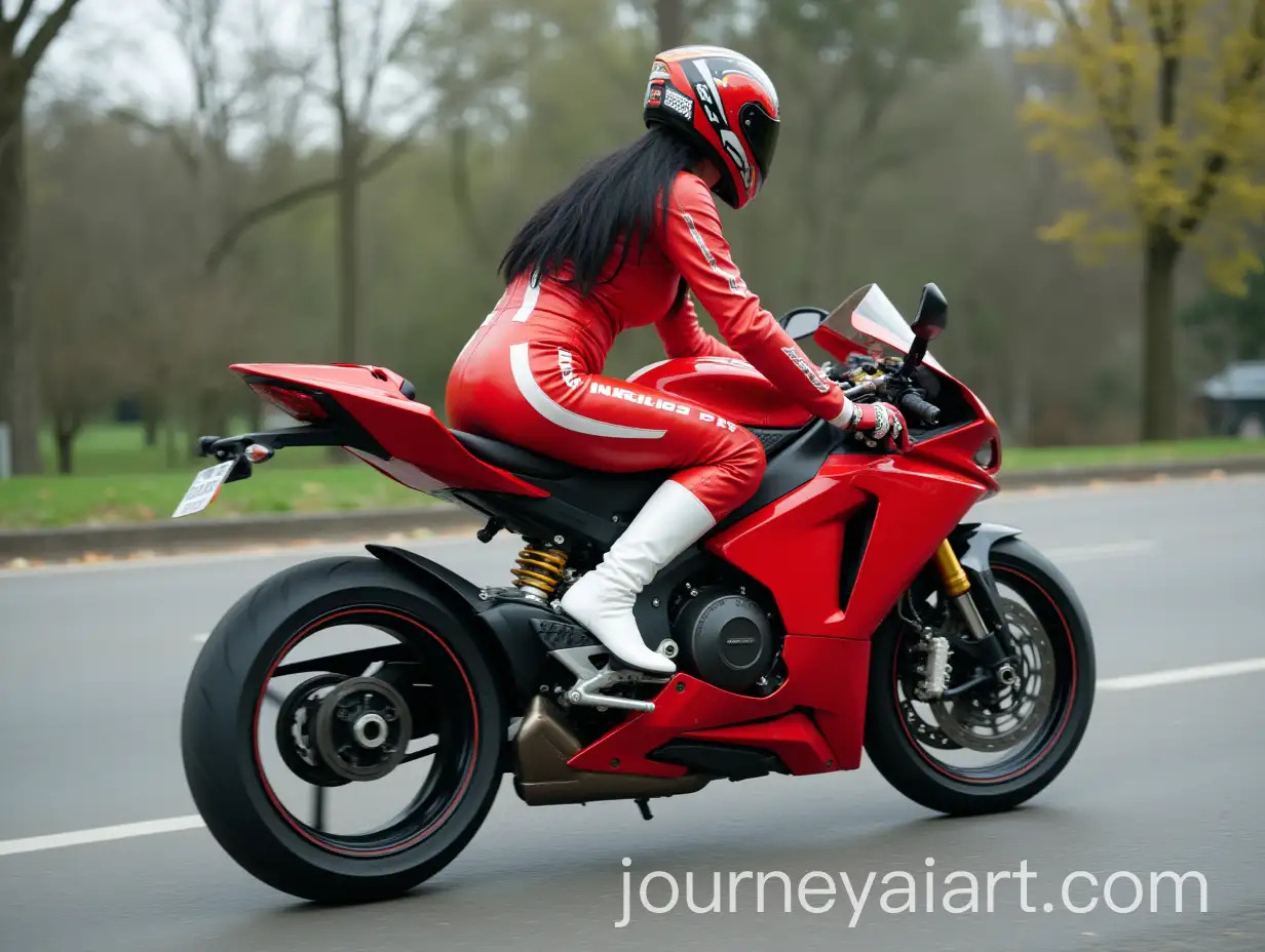 Woman-Riding-Racing-Motorcycle-in-Red-Leather-Suit-on-Street