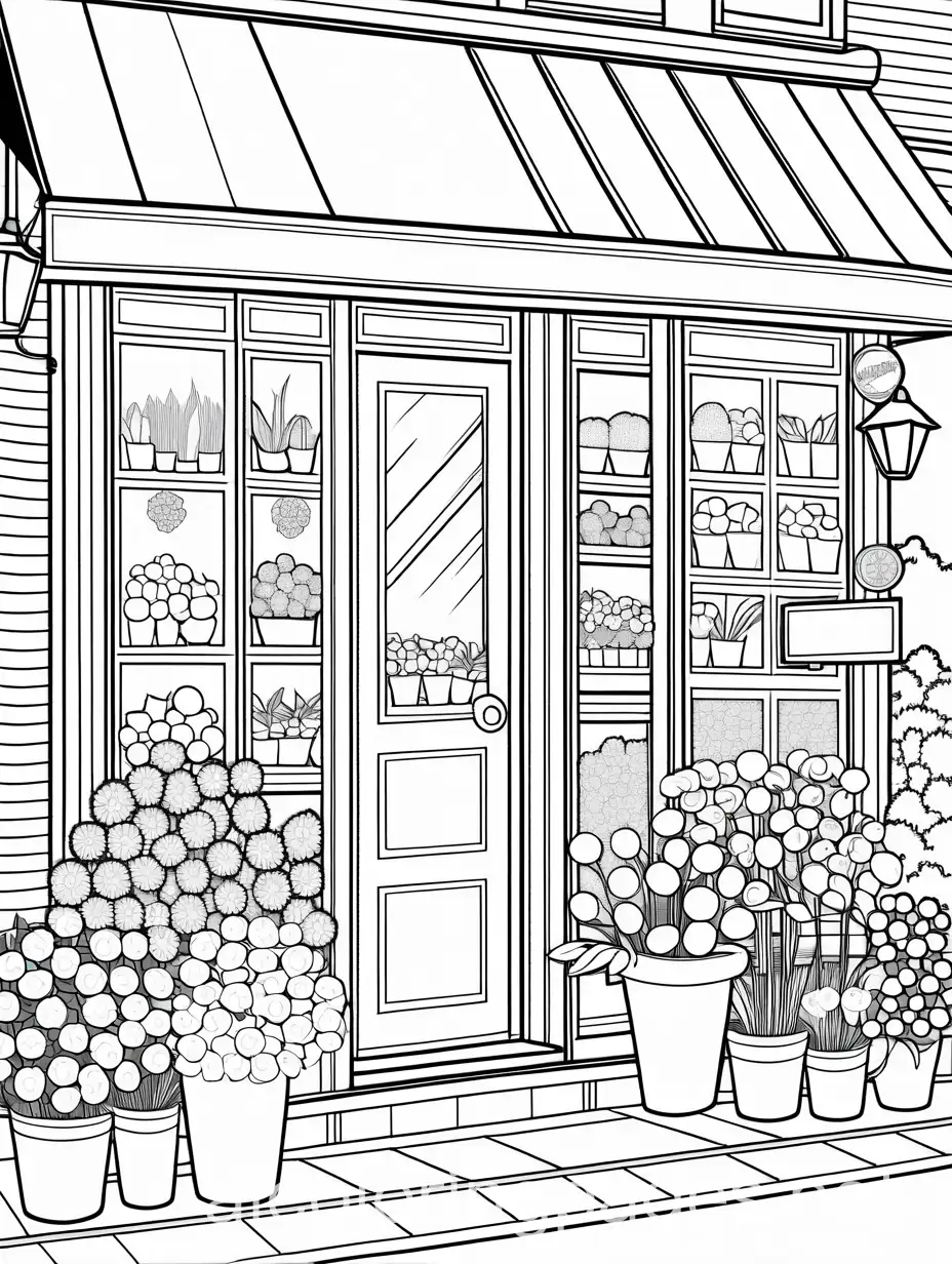 Flower-Shop-Coloring-Page-with-Simple-Outlines-on-White-Background