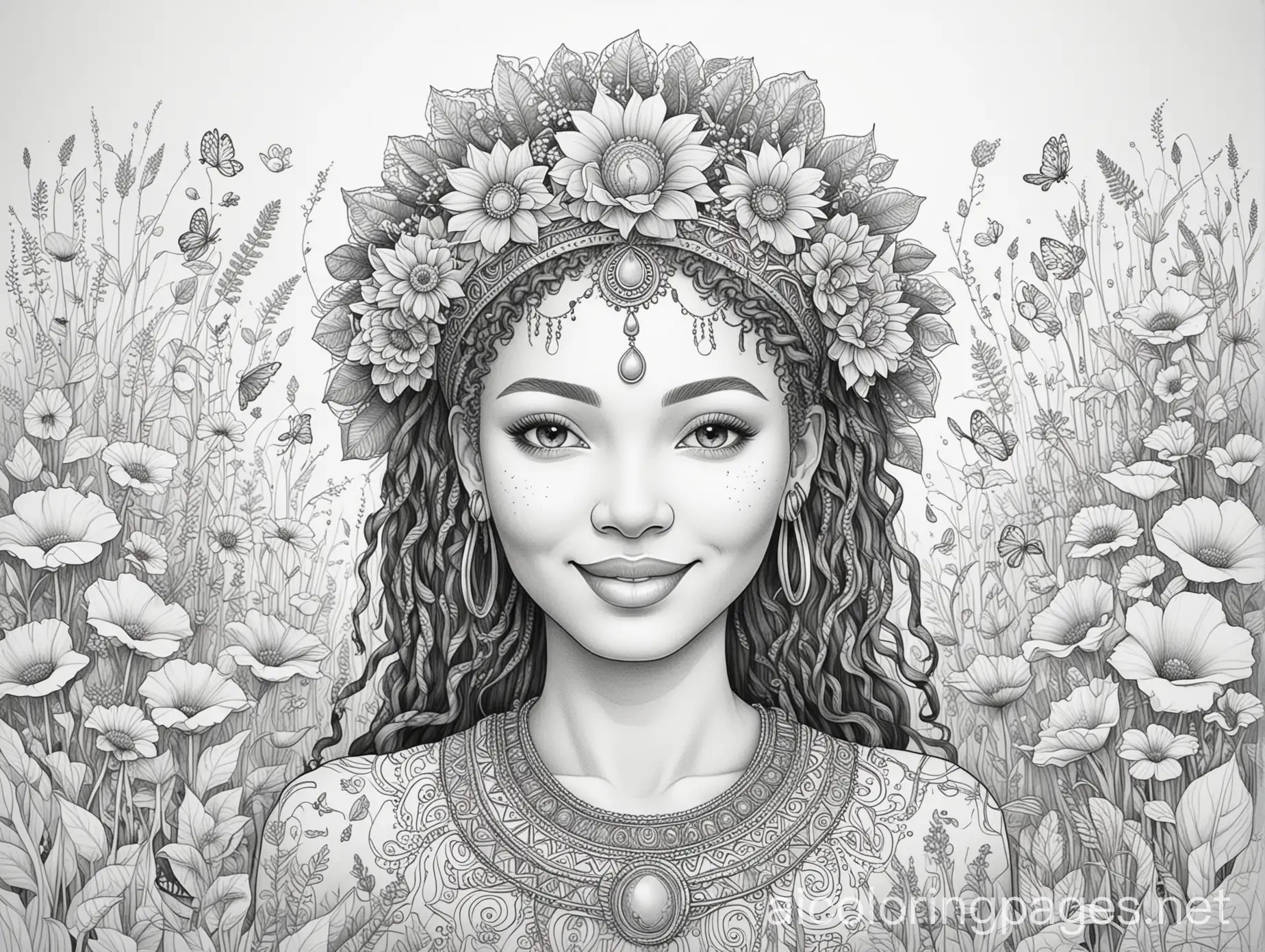 Smiling-African-Earth-Goddess-Surrounded-by-Flower-Petals-and-Grass-Coloring-Page