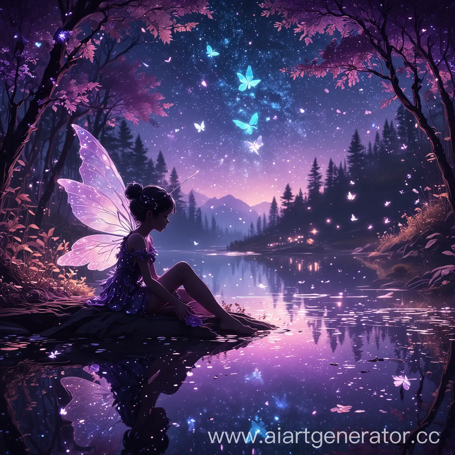 A silhouette of a small cute sleep fairy with beautiful iridescent butterfly-like wings flying through a starry fantasy-like shining deep night sky. Flying over a crystal clear lake with the fairy leaves behind her a shining trail of iridescent glitter, concept art, anime, kagaya studio style, purple hues, aurora borealis