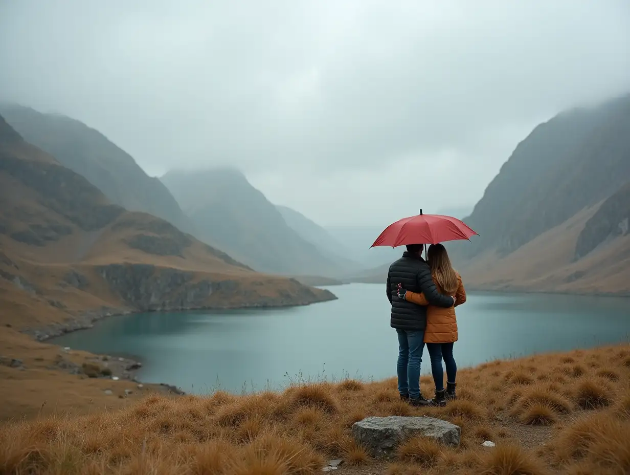 A couple of man and woman with an umbrella in a mountain landscape with a lake