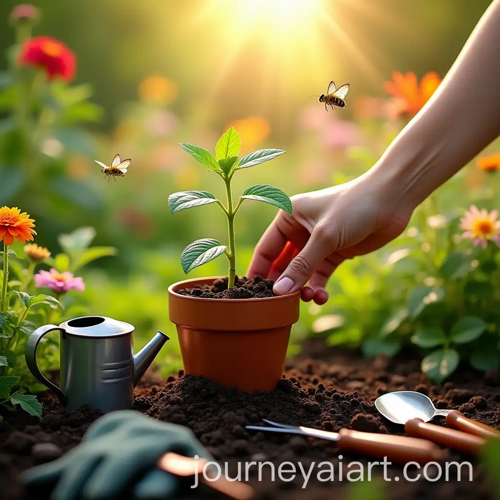 Gardener-Planting-Seedling-in-Sunlit-Garden-with-Gardening-Tools-and-Blooming-Flowers