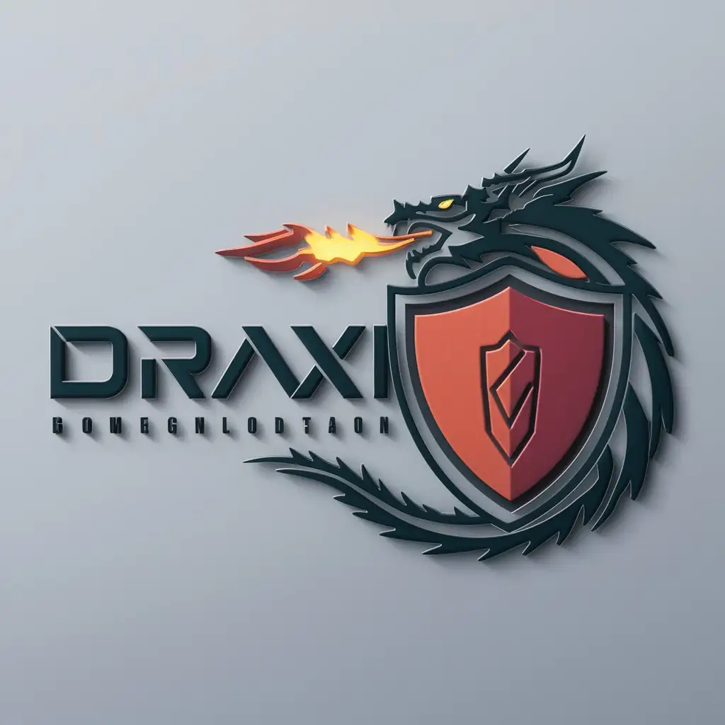 LOGO-Design-For-Draxi-Shield-with-Dragon-Breathing-Fire-on-Clear-Background