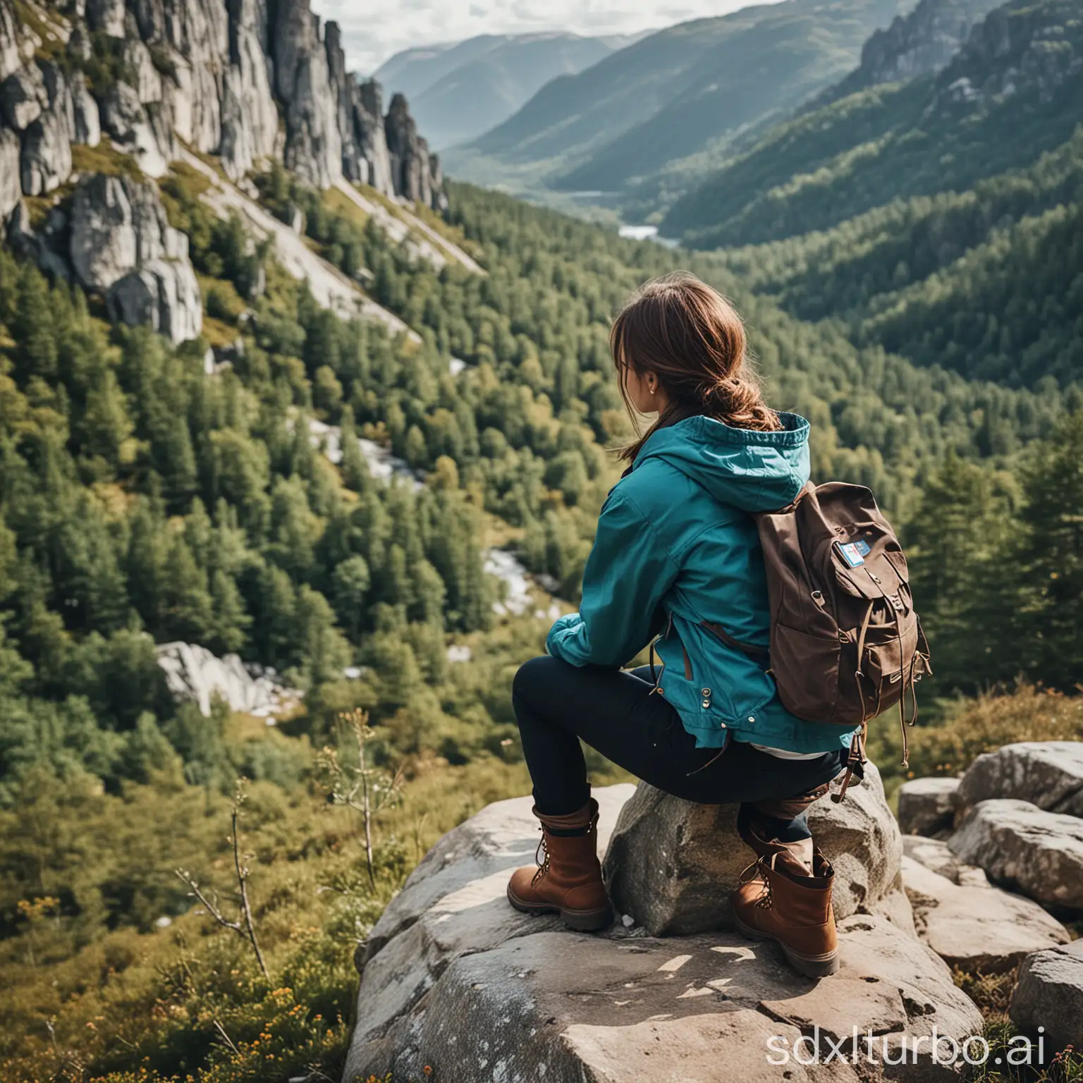 a woman sitting on top of a large rock, facing away from the camera, wearing a backpack, teal jacket, dark pants, and brown boots, instagram picture, camper, textbook page, as far as the eye can see, vertical, terrain, facebook profile picture, expectation of adventure