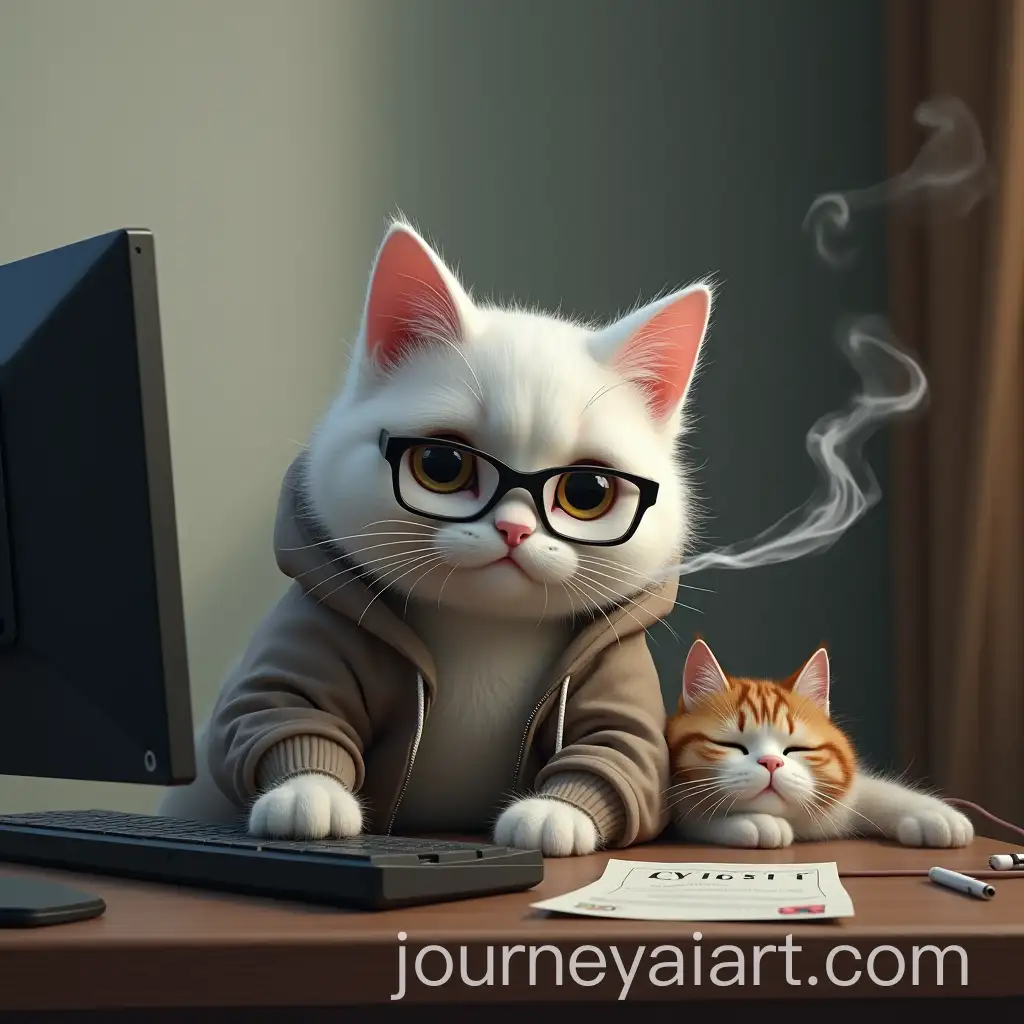 Intelligent-White-Cat-in-Hoodie-Working-on-Computer-with-Sleeping-Companion