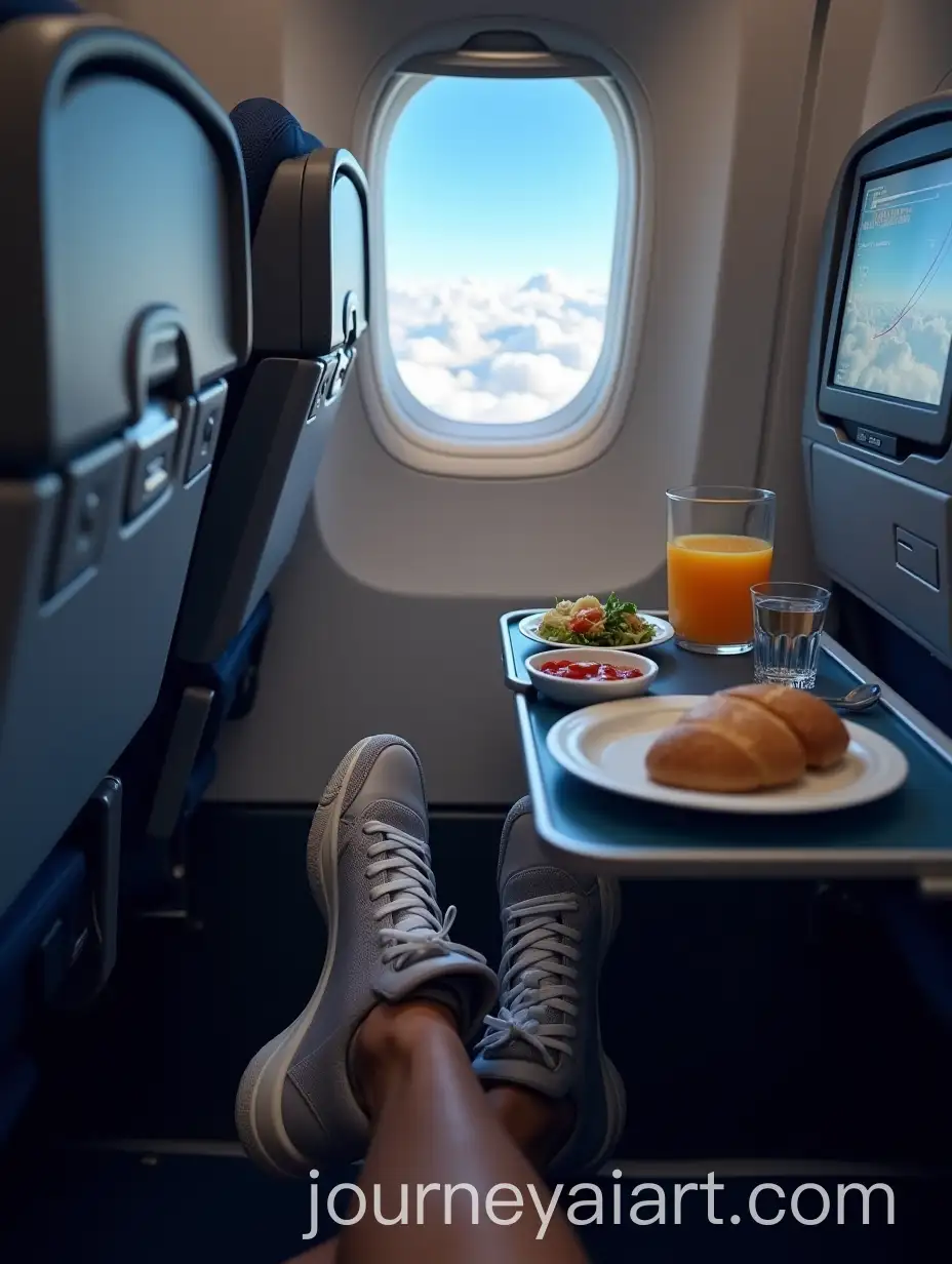 Tourists-POV-of-Airplane-Seat-with-Meal-Map-and-Cloudy-Sky
