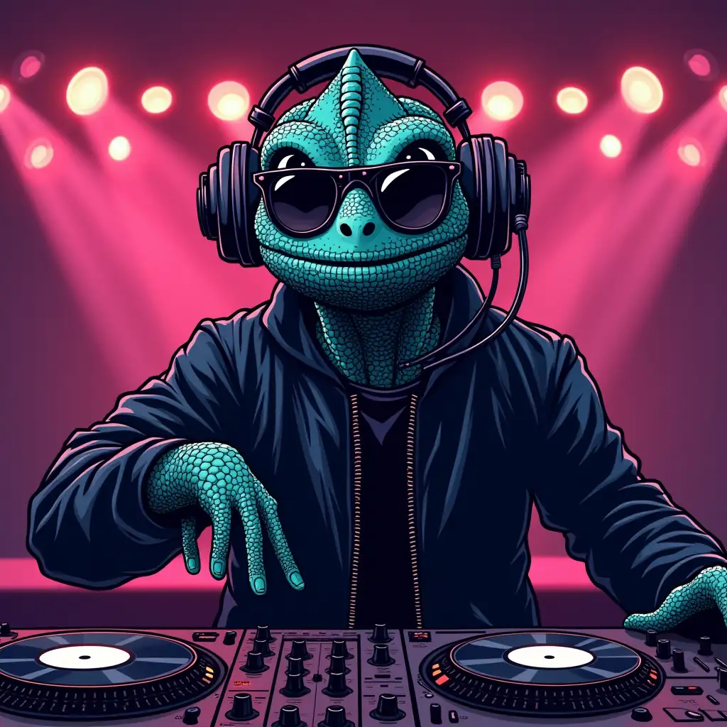 chameleon dj, discotheque in the background, with a jacket and dark glasses, with headphones, Japanese comic style, for a logo