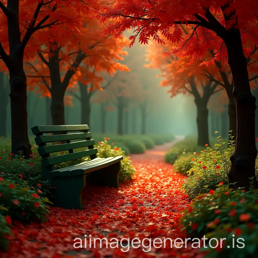 Enchanting-Green-Bench-on-a-Fairytale-Path-Covered-with-Red-Leaves