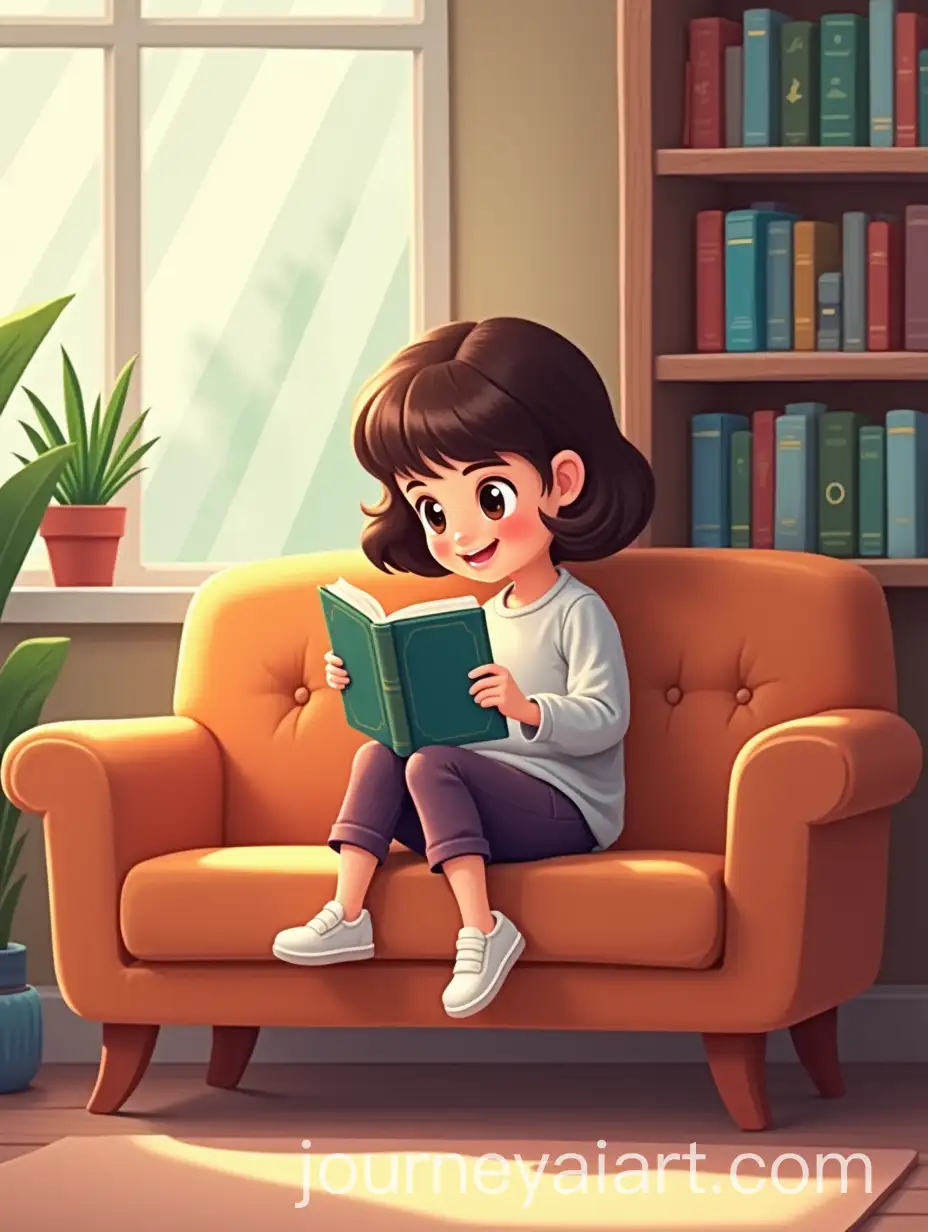 Cartoon-ofReading-girl-on-sofa-a-Girl-Sitting-on-a-Sofa-Reading-a-Book-with-Bookshelf