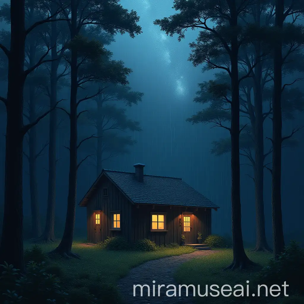 Impressionist Dark Forest Hut in Heavy Rain with Milky Way