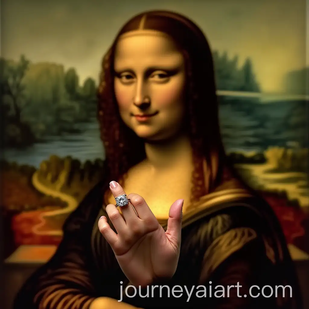 Mona-Lisa-Displaying-Engagement-Ring-with-Hand-Raised