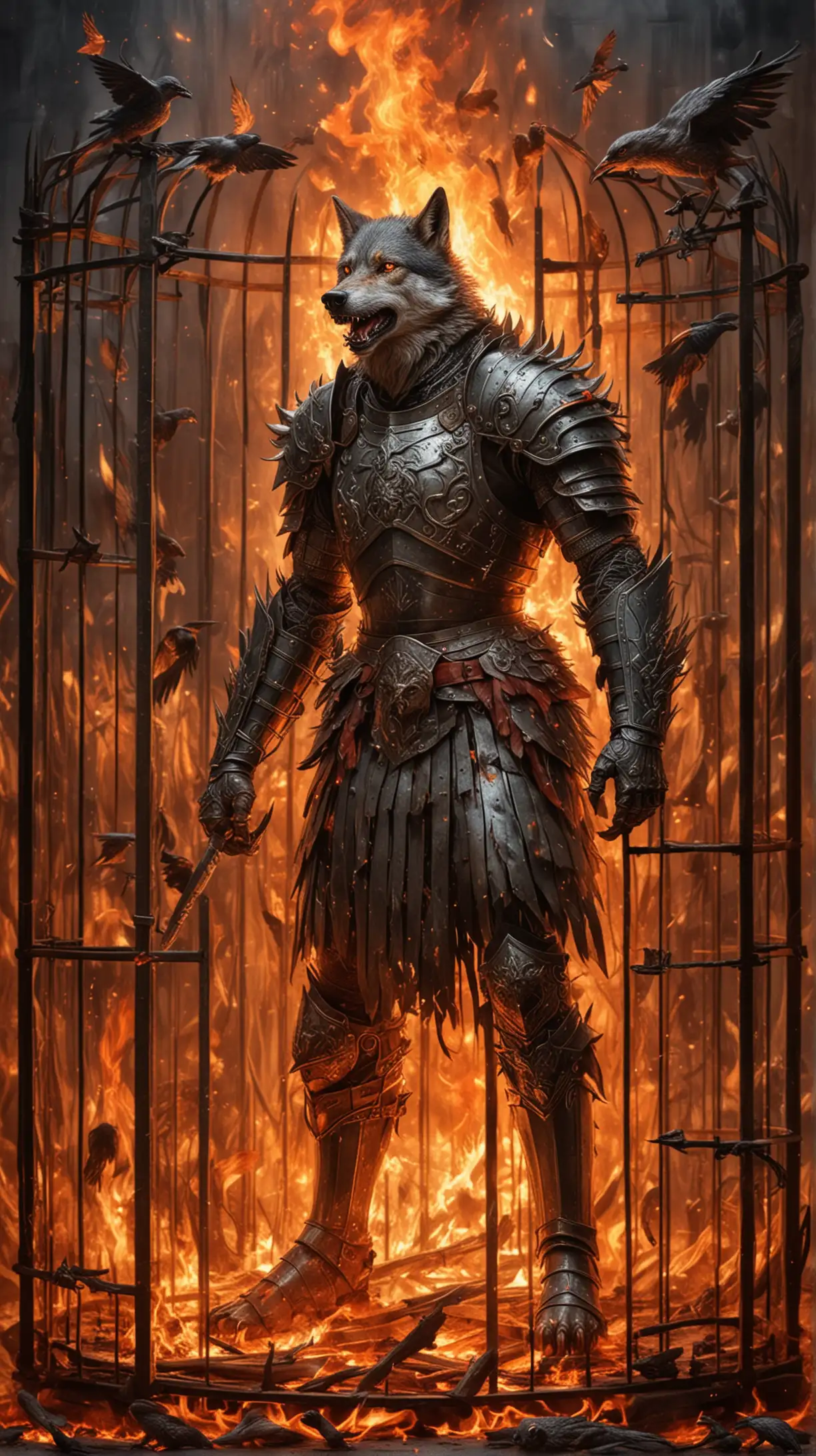 Frightened WolfKnight in Fiery Cage with Fiery Birds