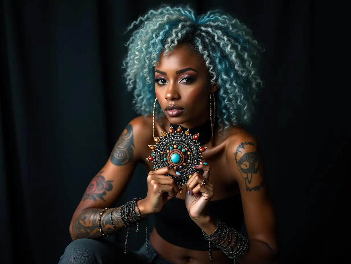 Depiction of a beautiful black woman with -tattoo, long mixed blue white curly hair in a futuristic style and laced boots, holding a complex, colorful and futuristic jewelry. Blurred black background (120mm) shot poster