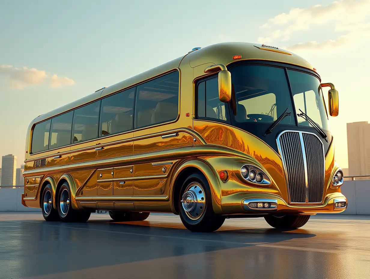 A super modern bus with a ten-story high golden silver body and chrome wheels Cyberpunk