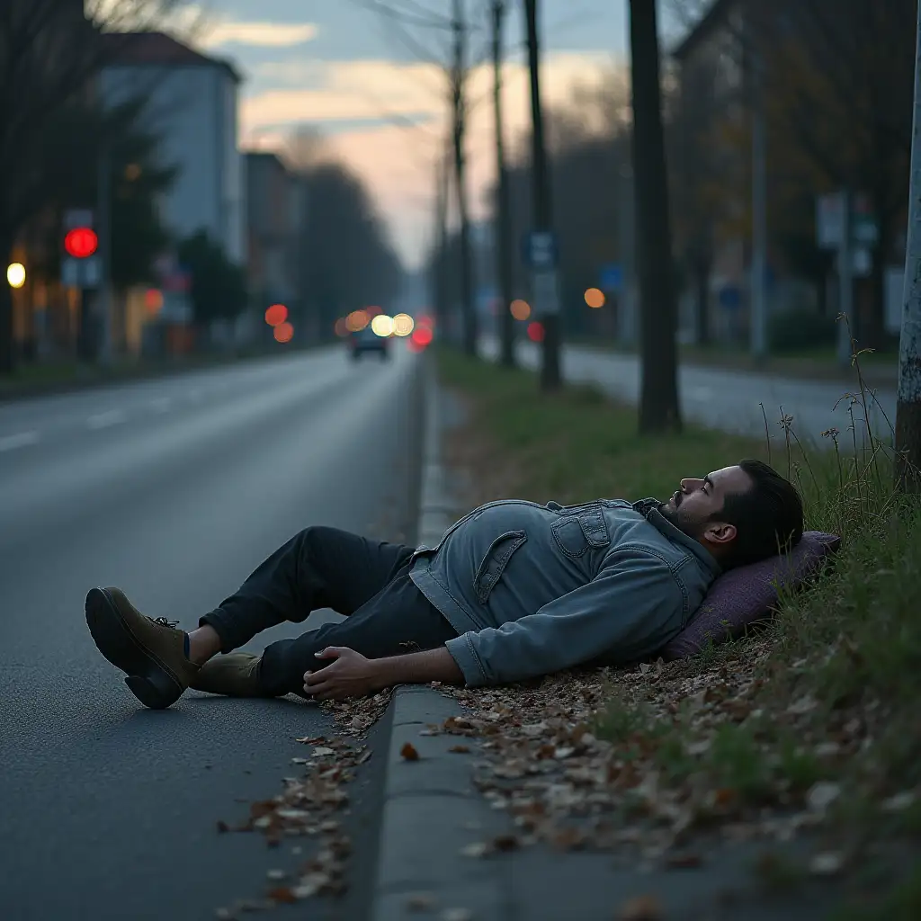 A poor man sleeping on tha road