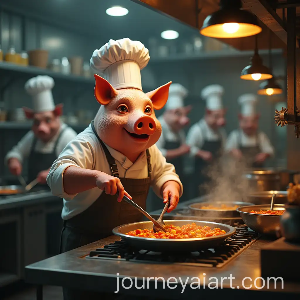 PigFaced-Chef-Stirring-Gear-Soup-in-Steel-Kitchen