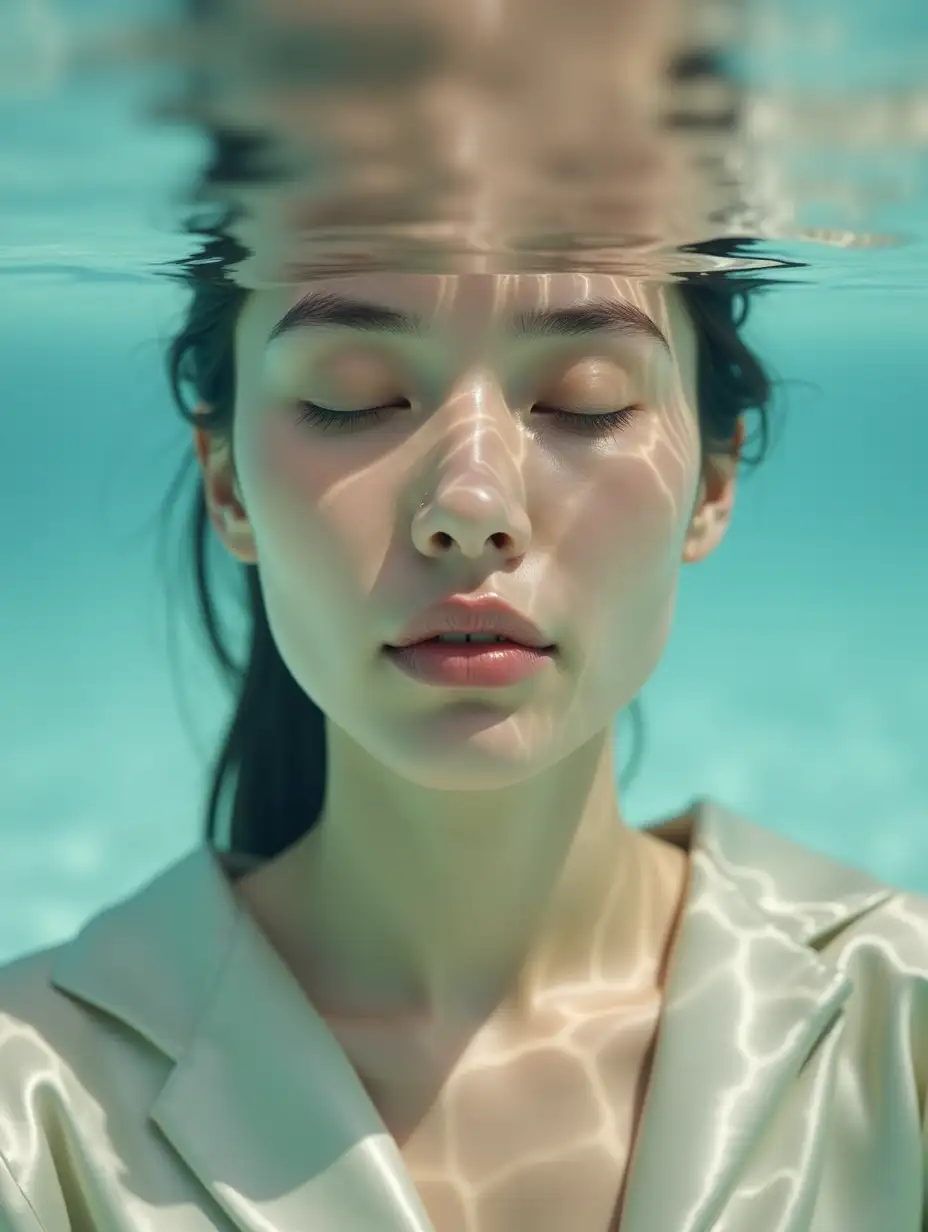 A front close-up portrait of a woman half submerged under water with closed eyes in a soft and ambient features soothing shades of light blue and beige creating an atmosphere of tranquility and clarity. The is wearing silk clothes like water