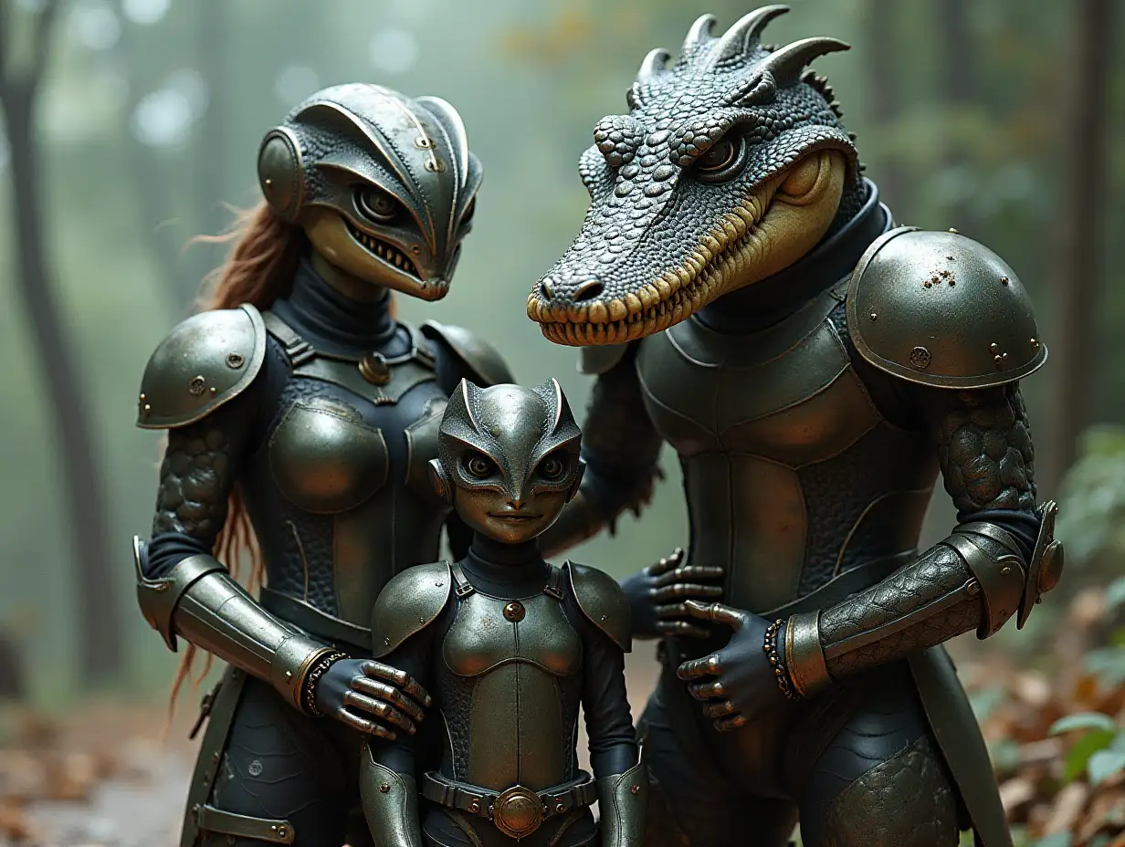 Ki-Fantasy Family,Man,Woman, and Children, giant Alligator face and with Glass and Metal armor equipment