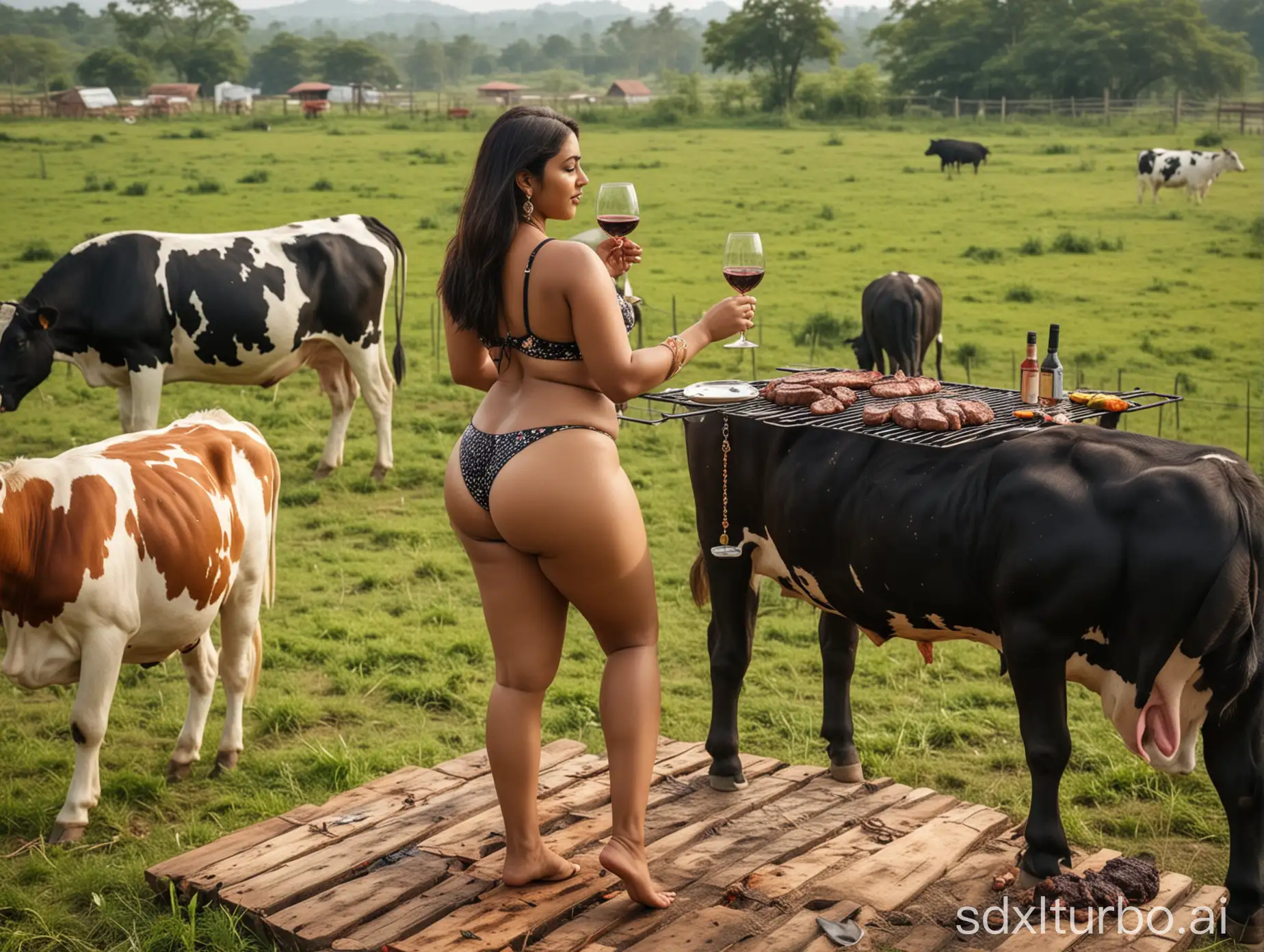 Indian-Woman-Enjoying-Barbecue-Steak-and-Wine-with-Cows-Grazing-in-Background