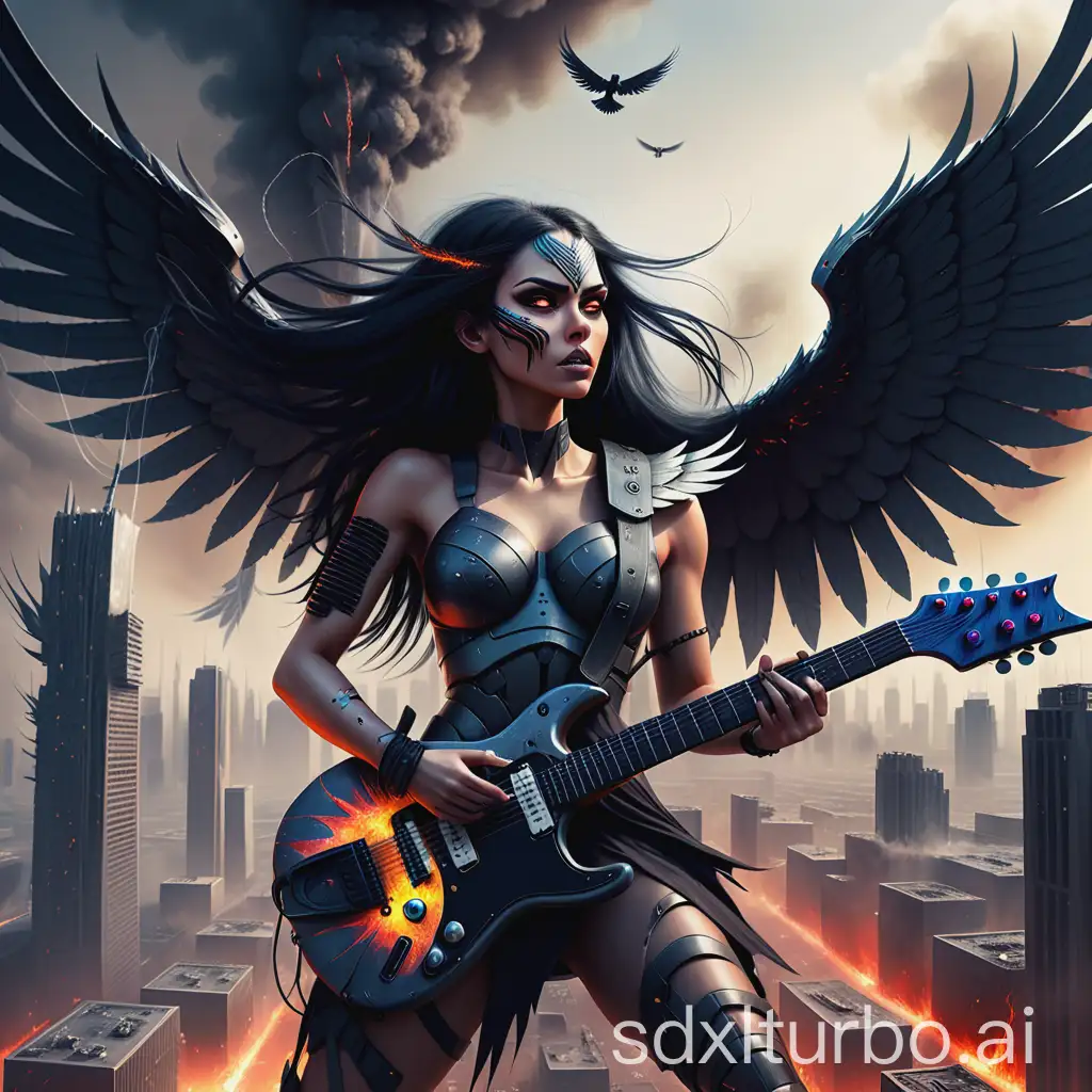 Heroic fantasy digital painting depicting a winged warrior woman, her face etched with determination, playing an electric guitar as she overlooks a dystopian futuristic city under siege. She has long black hair pulled back in a tight braid and powerful, raven-black wings. The guitar is battle-worn but still emits a vibrant energy. The city is engulfed in smoke and fire, with robotic drones patrolling the skies. Dramatic lighting, highly detailed textures, cinematic composition, epic scale.