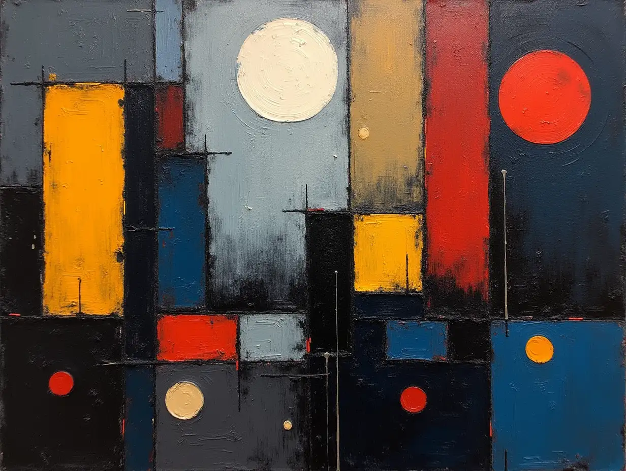 primitively, schematically, minimalism, Stalker-ish, dark in style of Kandinsky, Malevich, minimalism, simplify for a beginner artist with acrylics many colors , constructivism abstractionism, gloomily,