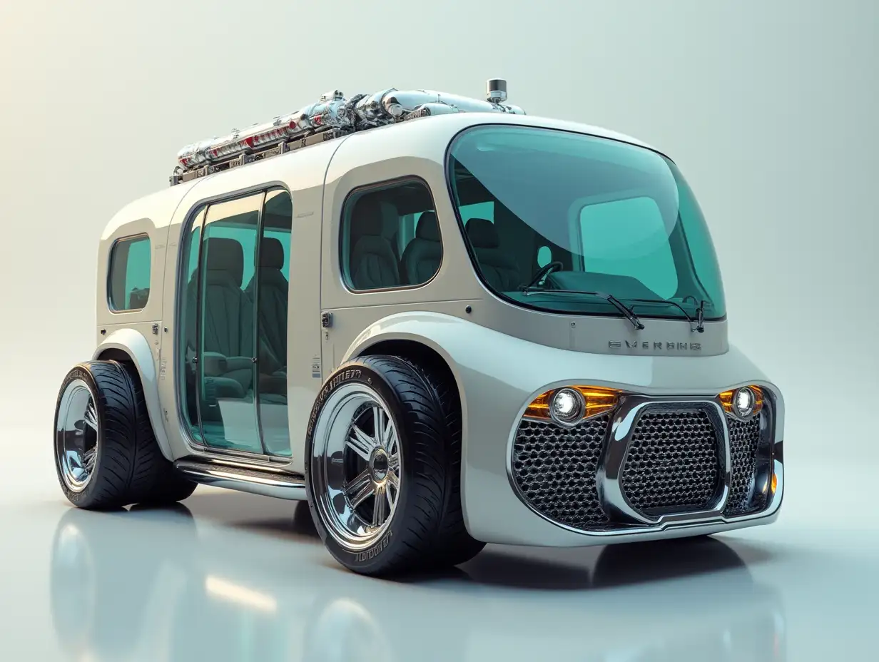 Supermodern utopian sports bus with gears, lowered body, 18-inch rims, aluminum wheels, cream silver glass, Cyberpunk.