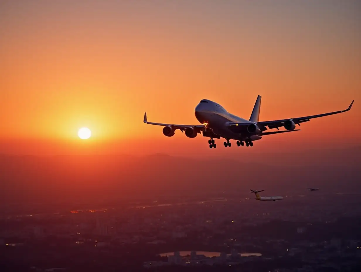 Create an image of a Boeing 747 during descent into Los Angeles at sunset