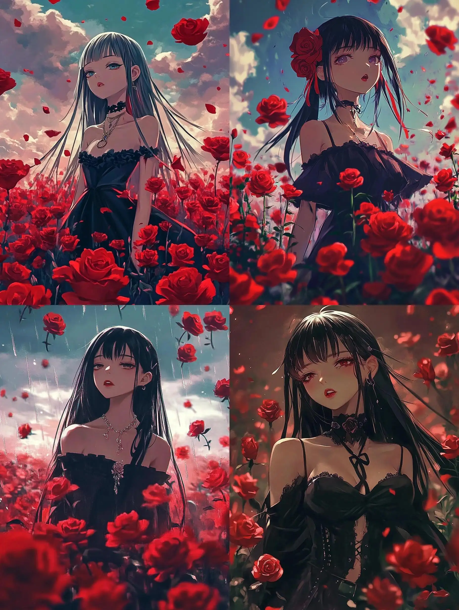 Beautiful-Anime-Girl-Walking-Through-a-Field-of-Red-Roses-in-a-Rain-of-Blossoms
