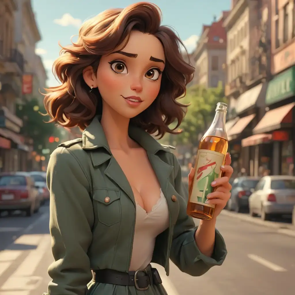 Animated-Portrait-of-a-Beautiful-Woman-on-a-Boulevard-Holding-a-Bottle