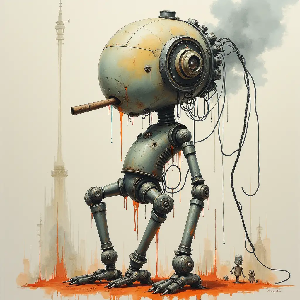 Ancient-Female-Robot-in-Handstand-with-Cigar-Steampunk-and-Cyberpunk-Style