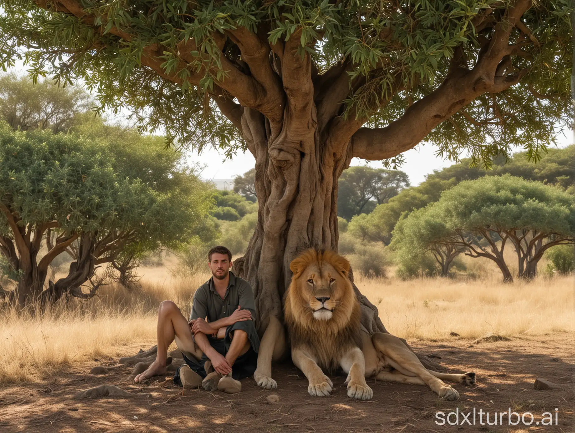 Man-Resting-Under-a-Tree-with-a-Lions-Head