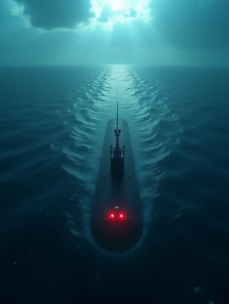 Aerial view from a high-tech drone capturing a state-of-the-art submarine diving into the turbulent waters of the Bermuda Triangle. The ocean is an ominous deep blue, with swirls forming on the surface, as if something in the depths is sucking the vessel in. In the image, the silhouette of the submarine begins to fade into the vastness, with red emergency lights flickering faintly before disappearing into the darkness. The atmosphere is tense and eerie, with a stormy sky reflected in the water and heavy clouds adding an apocalyptic air. The drone records the last trace of the submarine before the screen fills with static... and only emptiness remains.