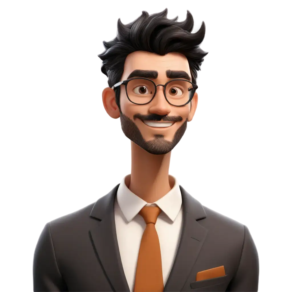 A 3D digital illustration of a young man with a stylish and modern look. He has thick, voluminous, spiky black hair and well-defined eyebrows. His eyes are large, expressive, and slightly tilted, giving him a confident and charismatic appearance. He wears round, thin-framed glasses that add a touch of intelligence and sophistication. His skin is smooth with a warm brown tone, and he has a neatly trimmed mustache and beard that complement his sharp jawline. His ears are pierced with small earrings, and his overall expression is calm yet intense. The character has a semi-realistic yet cartoonish style, with a high level of detail in textures and lighting