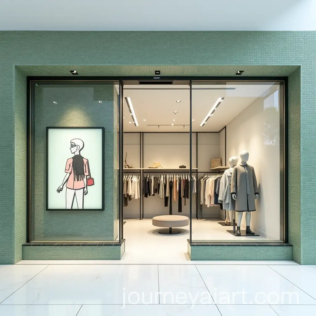 Modern-Womens-Clothing-Store-Display-with-Embedded-Screen-and-Green-Tiled-Facade