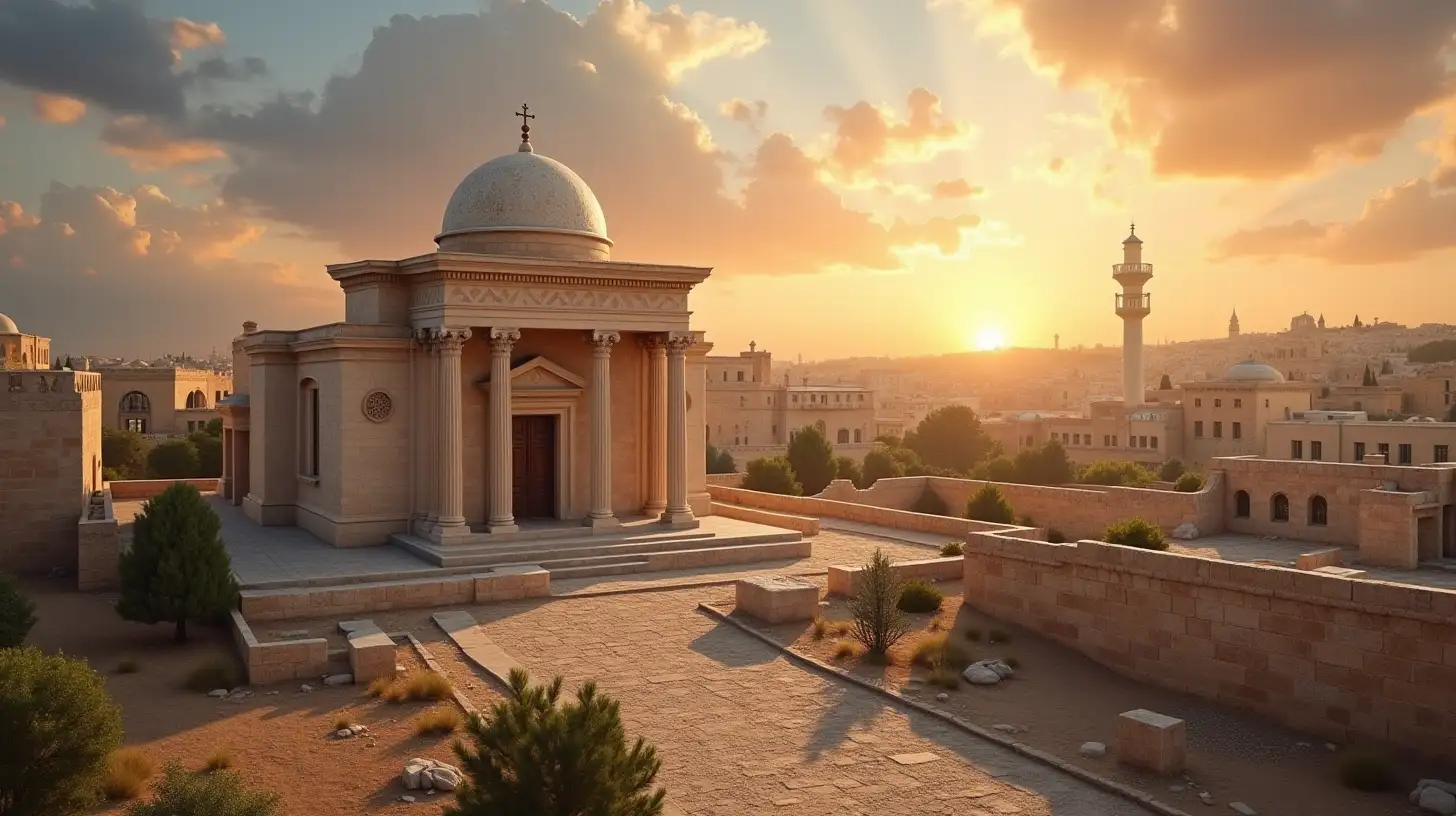 A Newly Built Temple in a Biblical Era Jewish City with a Dramatic Sky