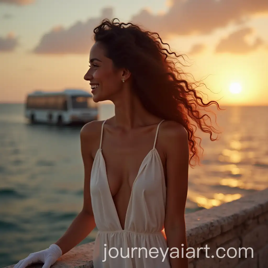 Woman-in-White-Lace-Dress-on-a-Bus-at-Sunset-by-the-Sea