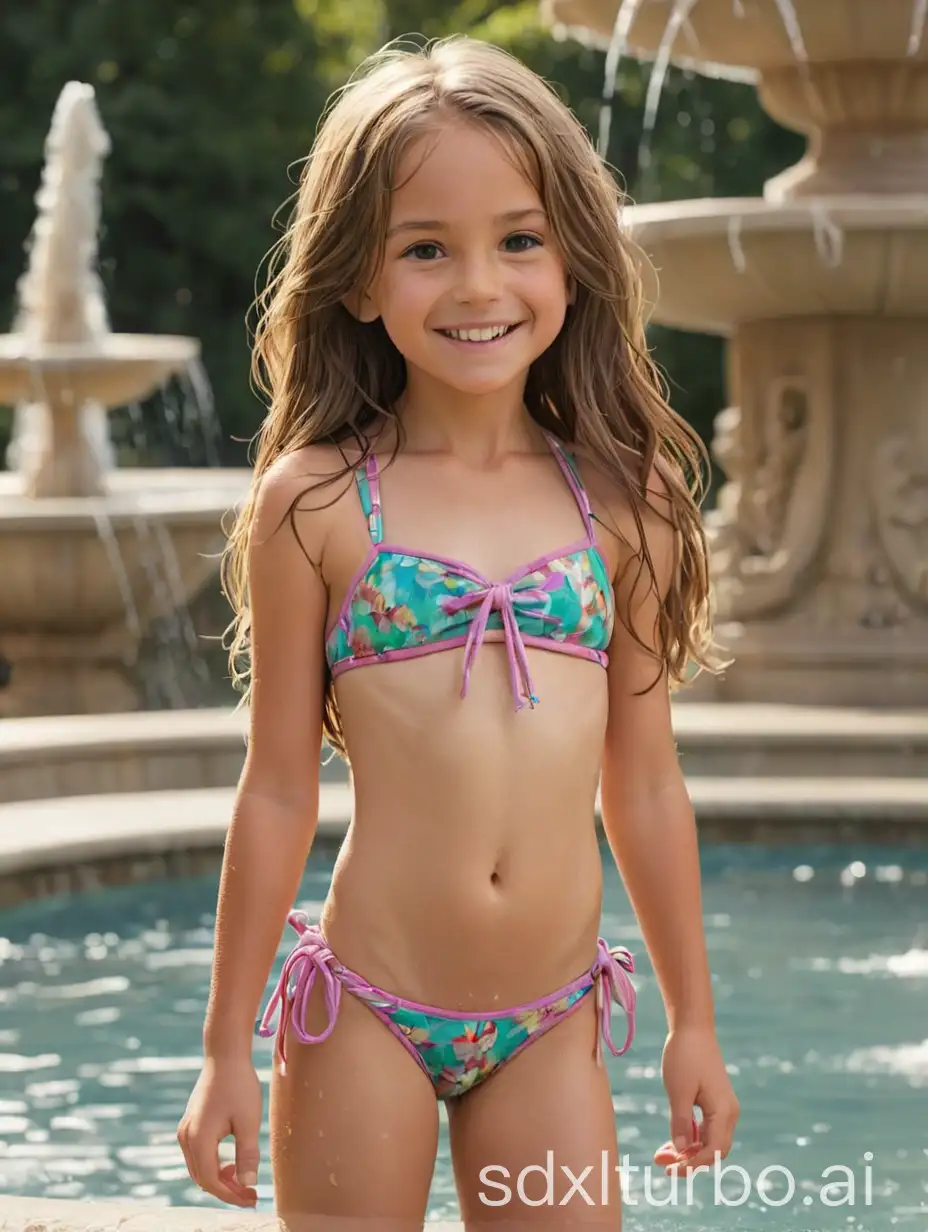girl, 9 years old, happy, strap side-tie bikini, long hair, standing in fountain