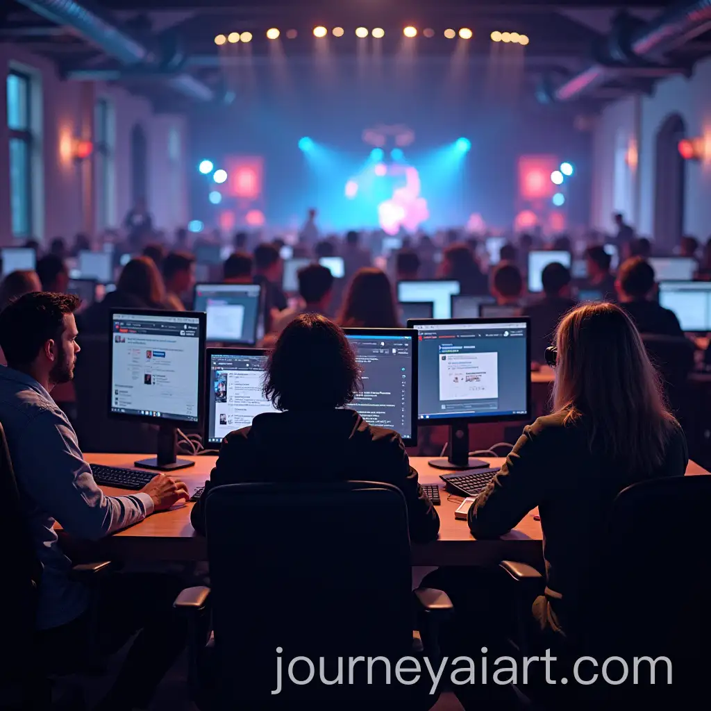 People-Using-Computers-to-Secure-Concert-Tickets-in-a-Futuristic-Space