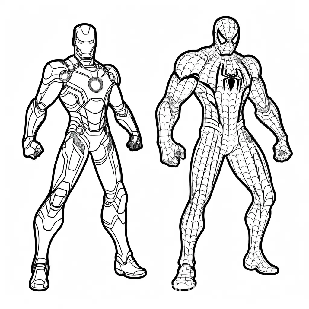 Ironman et spiderman , Coloring Page, black and white, line art, white background, Simplicity, Ample White Space. The background of the coloring page is plain white to make it easy for young children to color within the lines. The outlines of all the subjects are easy to distinguish, making it simple for kids to color without too much difficulty