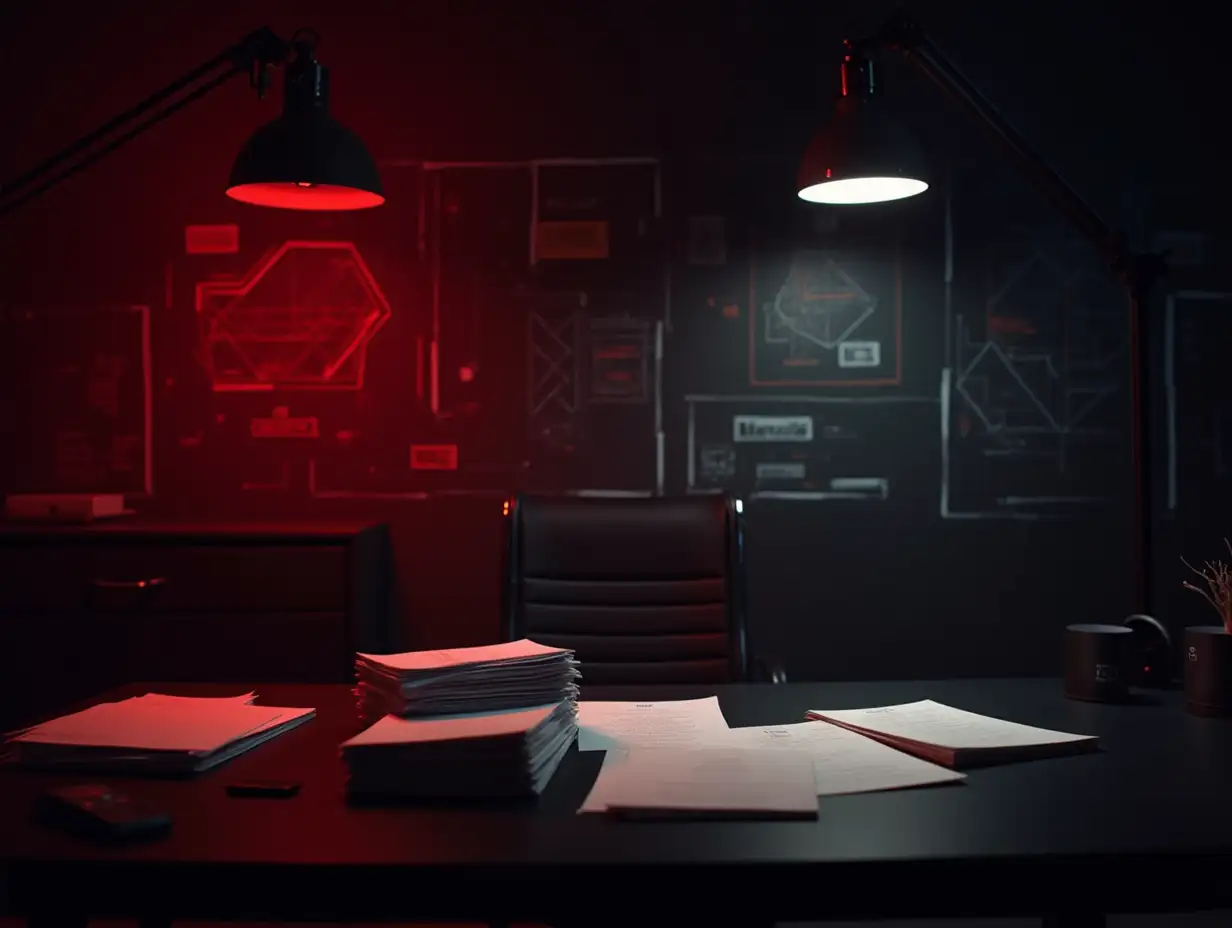 A modern and slightly futuristic office environment with a red and black color scheme, giving a stressed and tense atmosphere. Abstract technical blueprints, circuit diagrams, and digital data elements are displayed on a dark wall in the background. Focused desk lighting with two hanging lamps casting dramatic light, creating a contrast between red and white illuminated areas. Stacks of documents and papers scattered on a black desk, representing work pressure and job-related stress. A high-tech, digital workspace ambiance with a professional, corporate setting