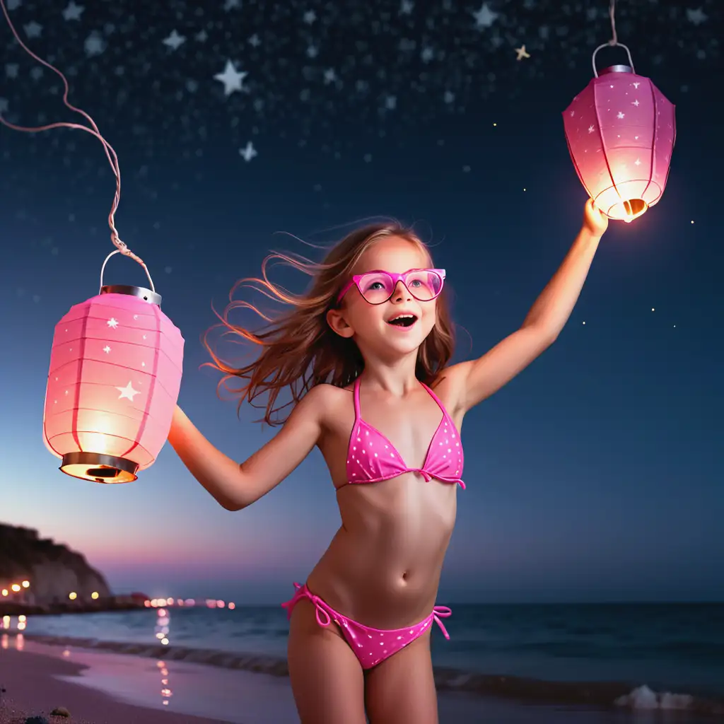 Delicate 10yo Girl Under Starry Sky by the Seaside wearing pink bikini and glasses and throwing floating lantern