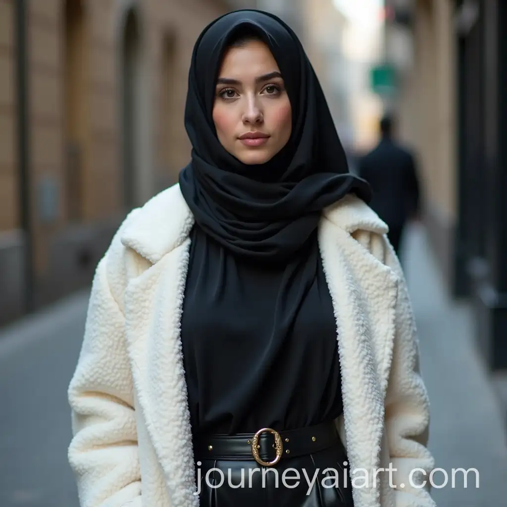 Beautiful-Iranian-Woman-in-Shiny-Black-Silk-Hijab-and-Winter-Coat