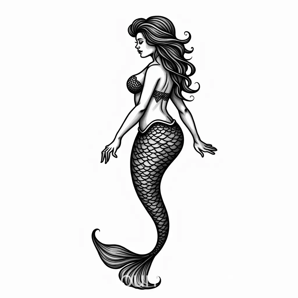 Black-and-White-Illustrative-Mermaid-Tattoo-Design