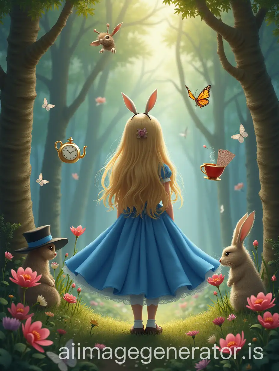 a beautiful girl Alice with long blond hair with a banot in her hair in an elegant fluffy blue dress stands with her back to us and looks at the fairy forest, there is a rabbit with a clock, a wizard in a hat, flying cups of tea, a kettle of tea, butterflies, playing cards