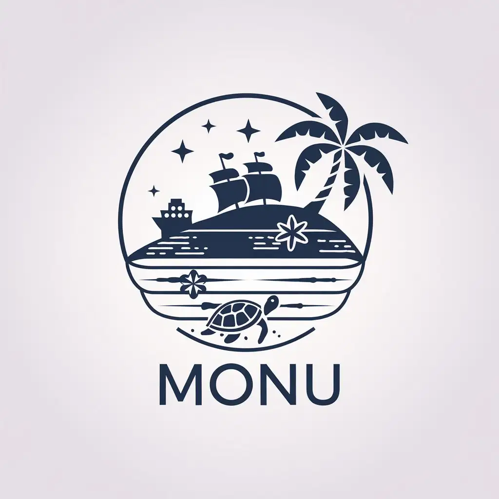 a vector logo design,with the text "monu", main symbol:Island, ship, stars, turtle, luxury feel, palm tree, sea,Moderate,be used in Travel industry,clear background