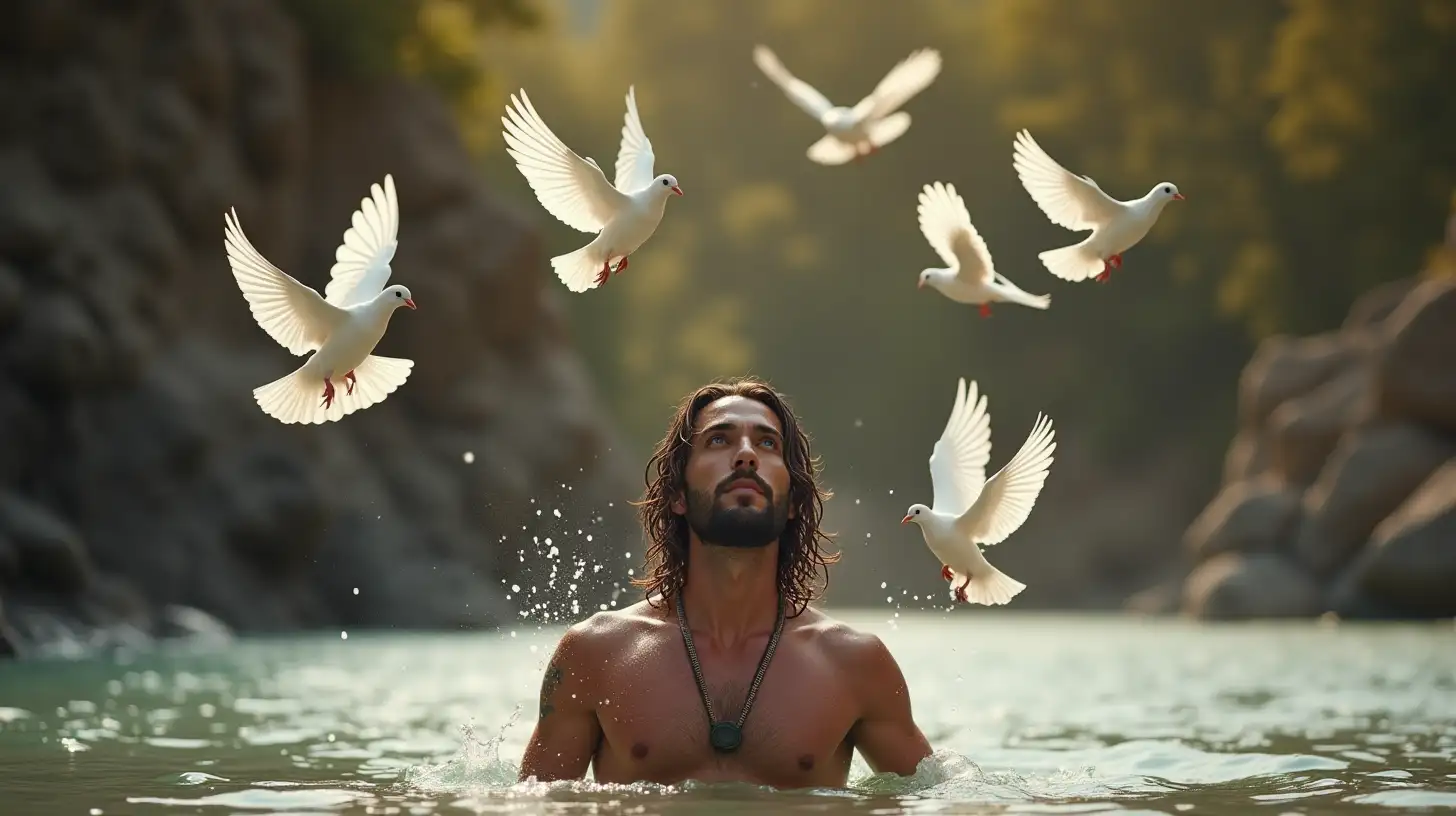 Doves Soaring Above a Ruggedly Handsome Man Bathing in a Biblical River